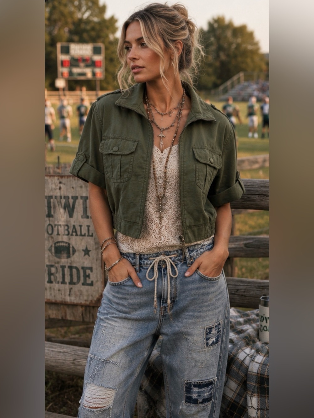 Ashley by 26 International Cropped Utility Jacket-Army Green Size Large